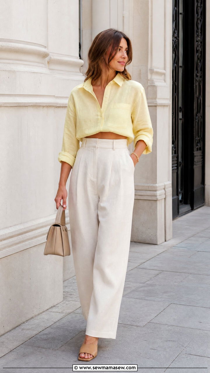 Cropped Linen Shirt With High Waist Wide Leg Pants - 25 Linen shirt cover up outfit ideas