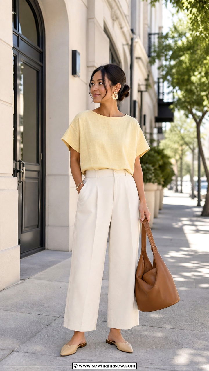 Cropped Linen Top With High Waisted Wide Leg Pants - 30 Summer capsule wardrobe for petite women