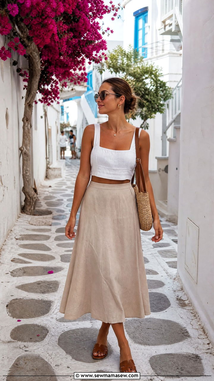 Cropped Linen Top and High Waisted Midi Skirt - 35 Greece summer outfit ideas