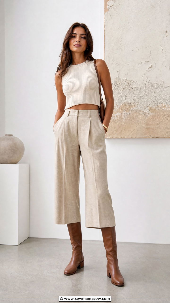 Cropped Linen Trousers And Crop Top With Riding Boots - 25 Summer outfits with riding boots
