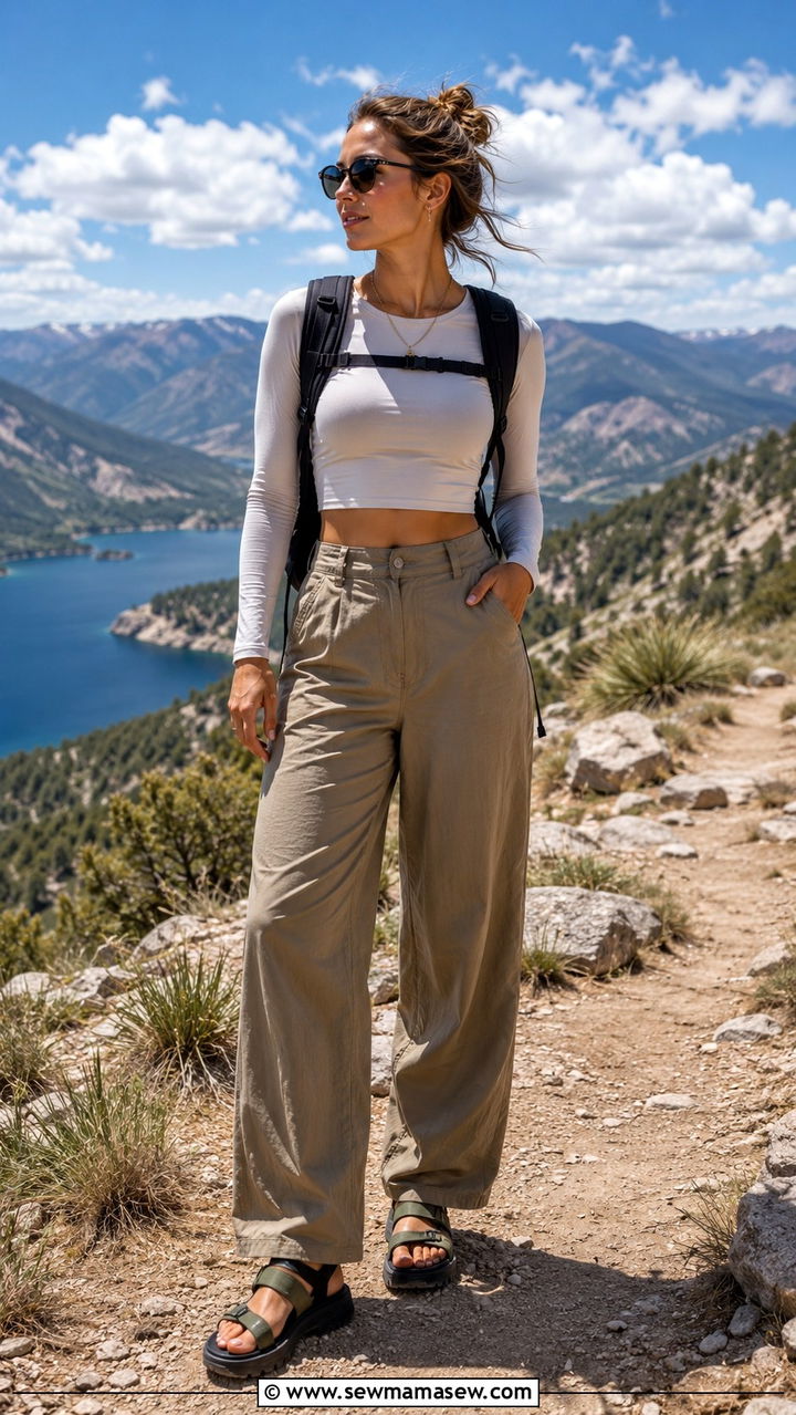 Cropped Long Sleeve Top and Wide Leg Hiking Pants Outfit - 30 Hiking outfit ideas summer