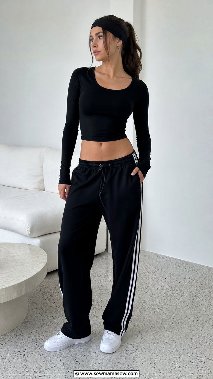 Cropped Long Sleeve Top with Low Rise Track Pants - 20 Model off duty loungewear outfit ideas