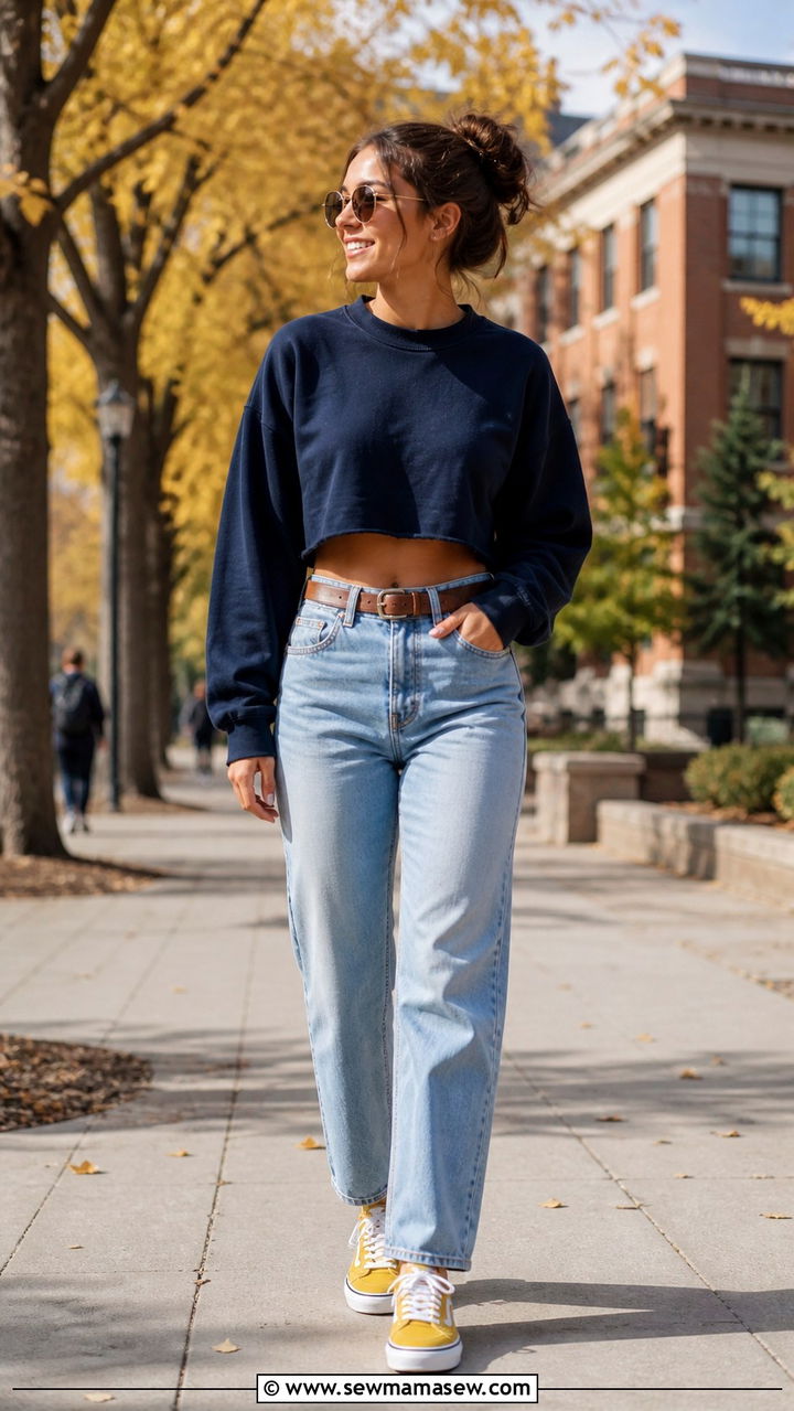 Cropped Michigan sweatshirt with high waisted jeans outfit - 20 Gameday outfit ideas Michigan