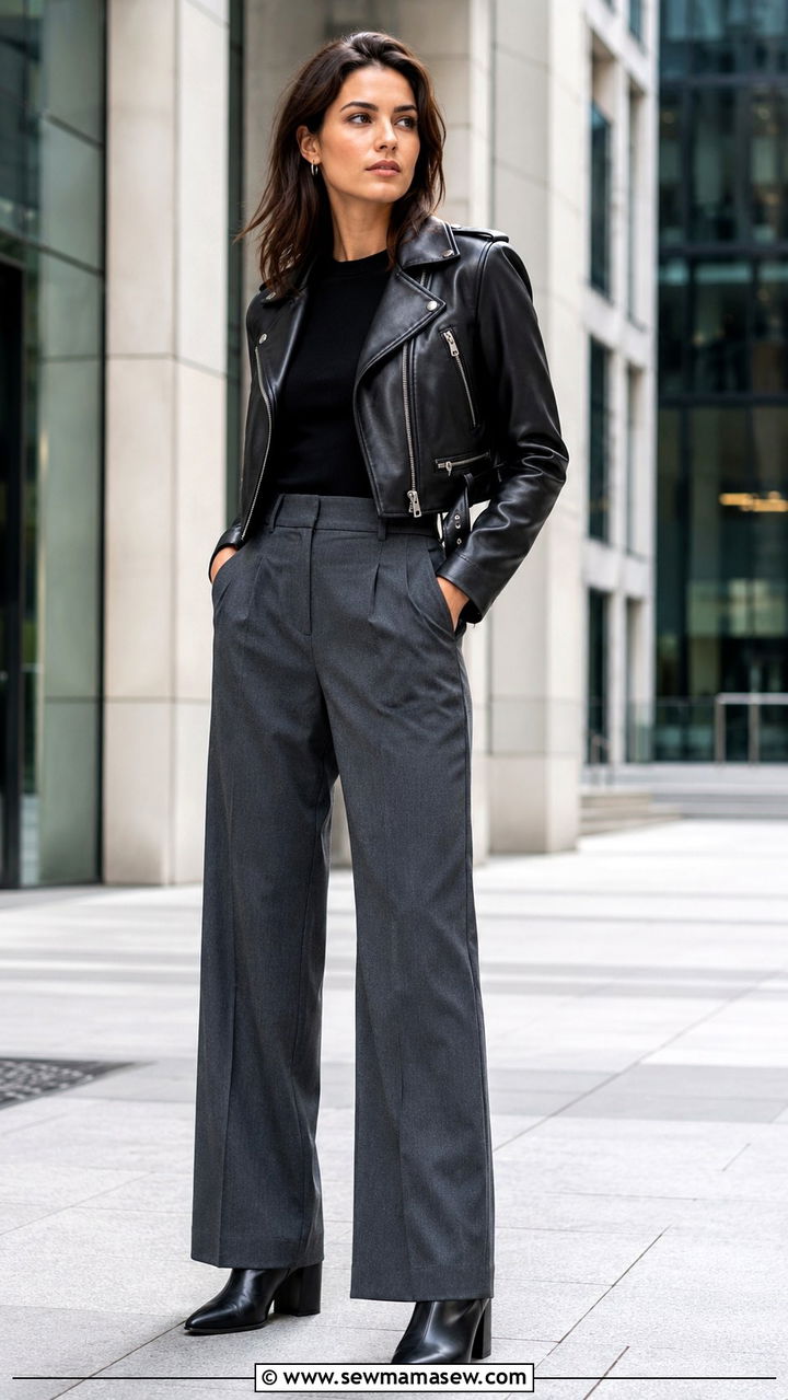 Cropped Moto Jacket With High Waist Trousers Outfit - 30 Rock and roll outfit ideas