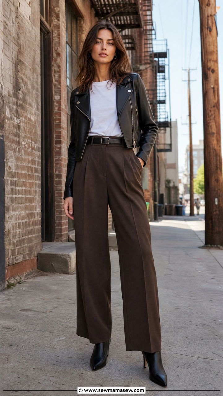 Cropped Moto Jacket With High Waisted Trousers - 25 Outfits for long torso women