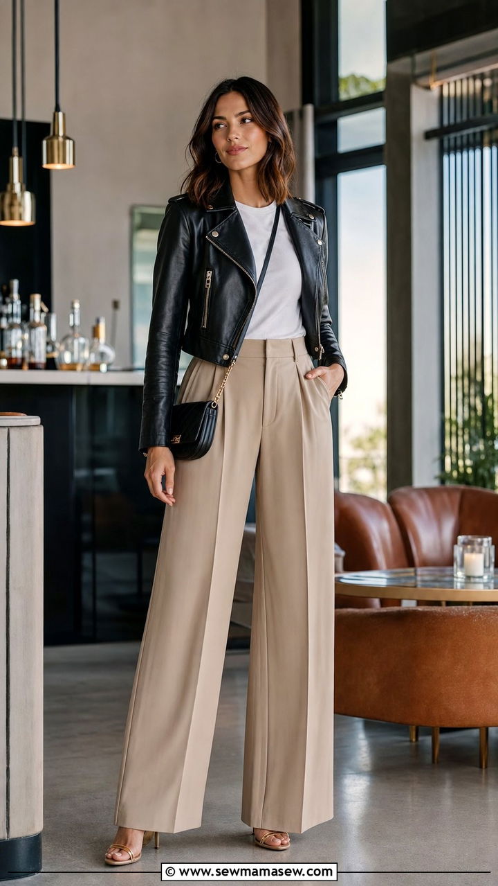 Cropped Moto Jacket with High Waisted Wide Leg Pants - 25 Summer outfits with leather jackets
