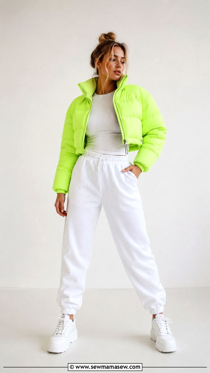 Cropped Neon Green Puffer With White Joggers And Sneakers - 25 Puffer jacket outfit ideas cute