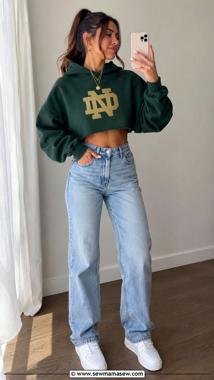 Cropped Notre Dame Hoodie With High Waisted Jeans Outfit - 20 Gameday outfit ideas Notre Dame