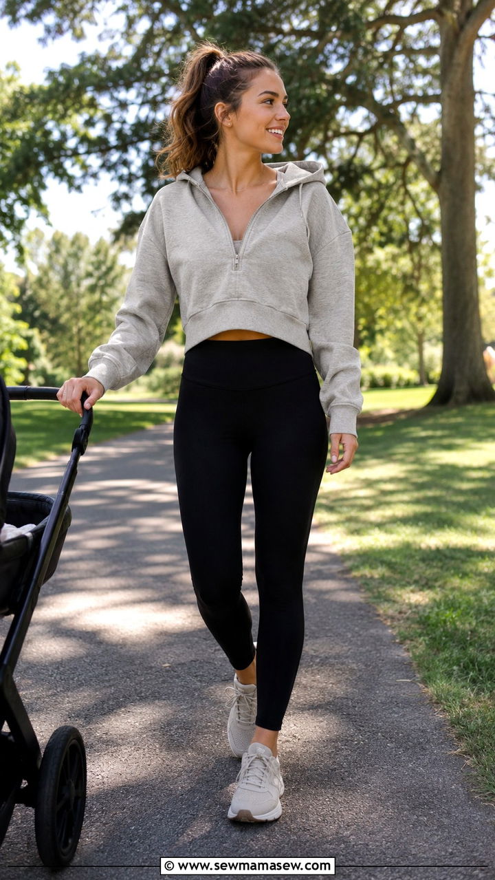 Cropped Nursing Hoodie with High Rise Leggings - 25 Postpartum workout outfit ideas