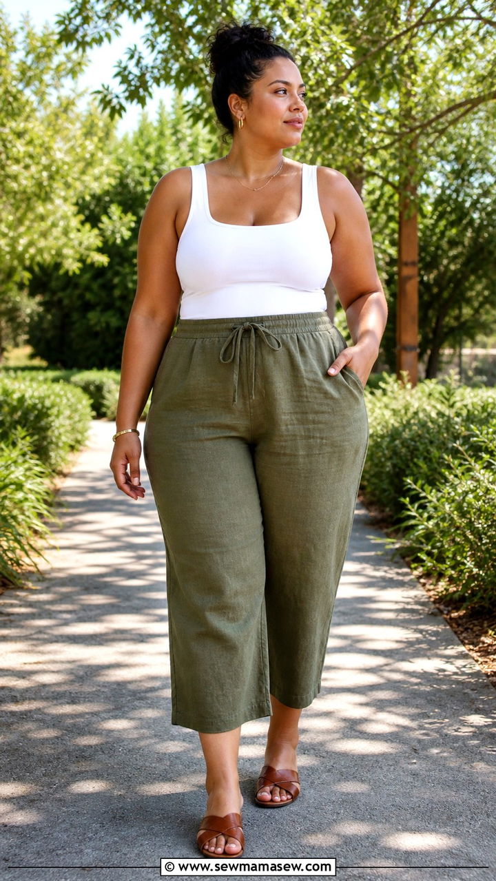 Cropped Olive Linen Pants with a White Tank and Brown Leather Sandals - 40 linen pants outfit ideas for women