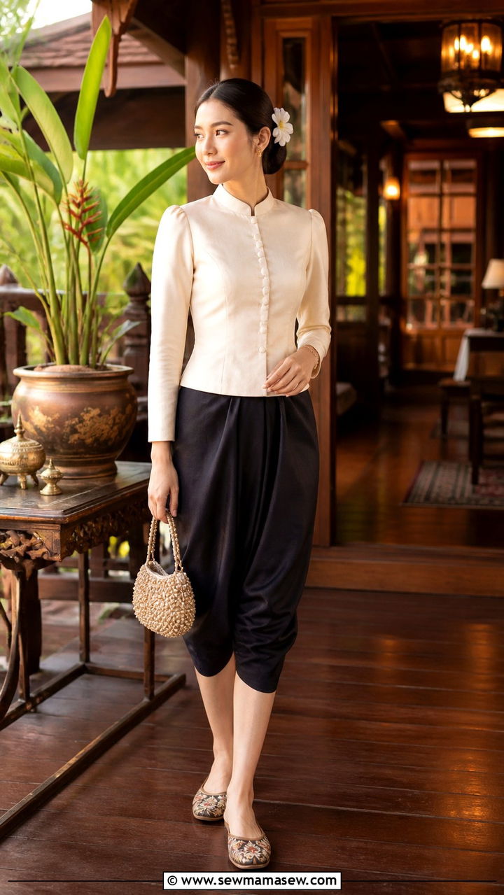 Cropped Pants and Mandarin Collar Top for Traditional Thai Dinner - 40 What to wear in Bangkok