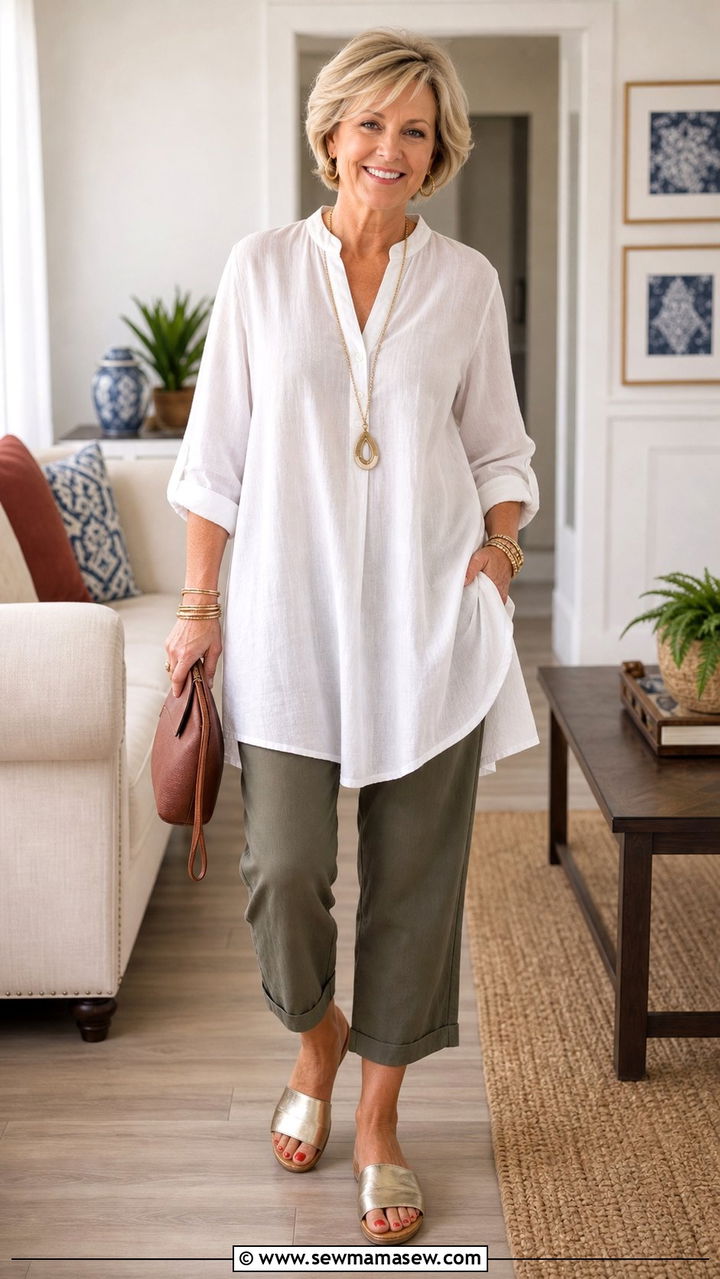 Cropped Pants with a Breezy Tunic and Slide Sandals - 25 Family reunion outfit ideas for women over 50