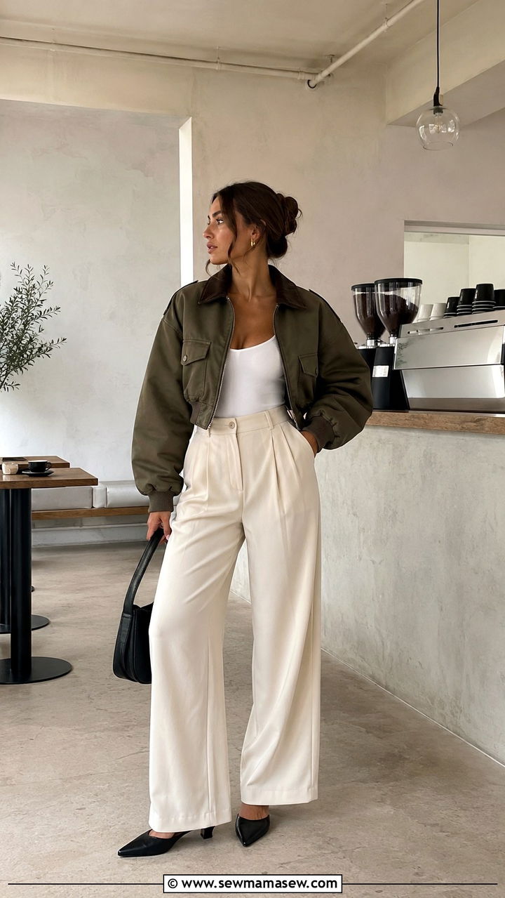 Cropped Pilot Jacket With High Waisted Wide Leg Pants - 25 Pilot outfit ideas