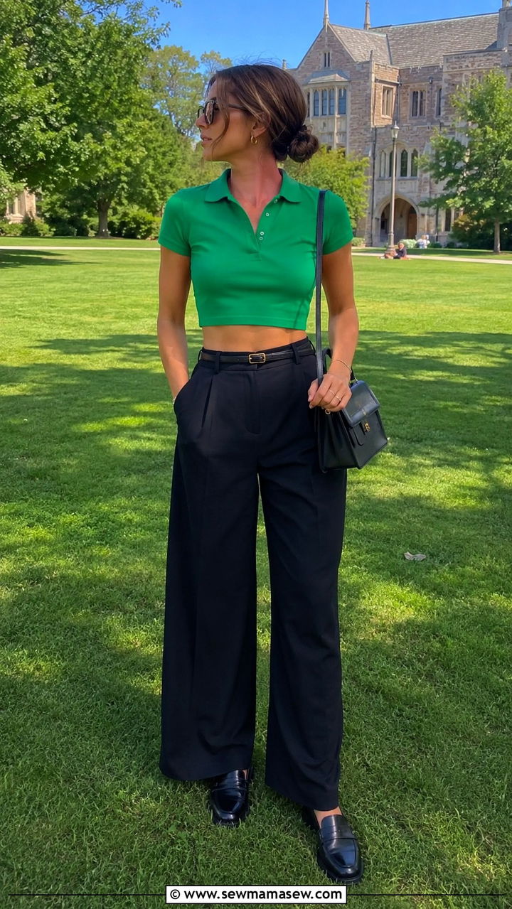 Cropped Polo Shirt With Black Wide Leg Pants and Penny Loafers - 25 Wide leg black pants outfit ideas with a crop top