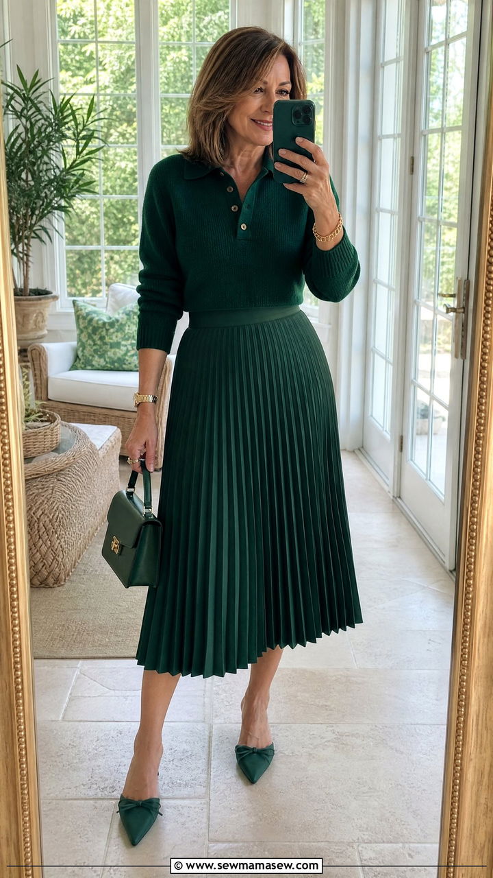 Cropped Polo Sweater with Pleated Midi Skirt - 25 crop top outfits for women over 40