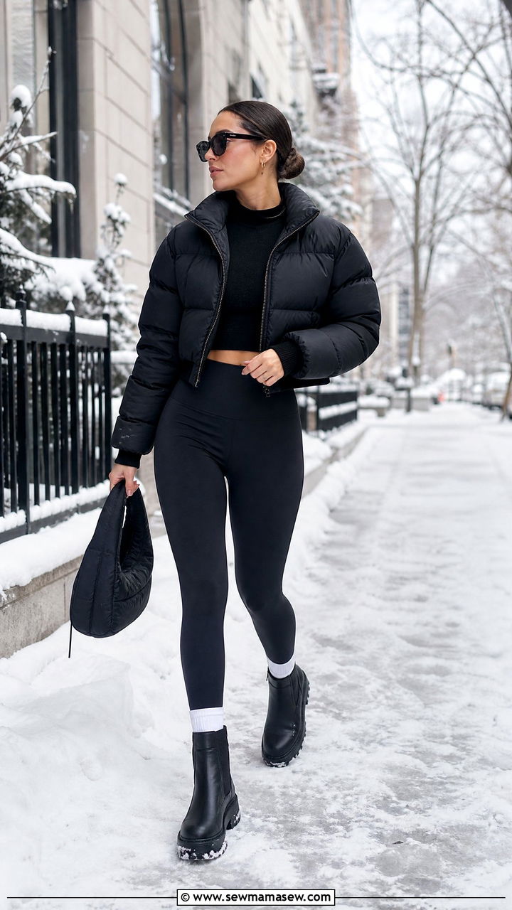 Cropped Puffer Bomber With Leggings And Platform Boots - 25 how to style bomber jacket