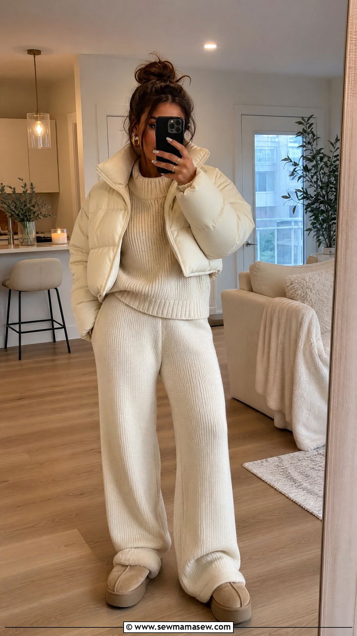 Cropped Puffer Coat With A Chunky Knit Set And Slippers - 30 Cropped puffer coat outfit ideas