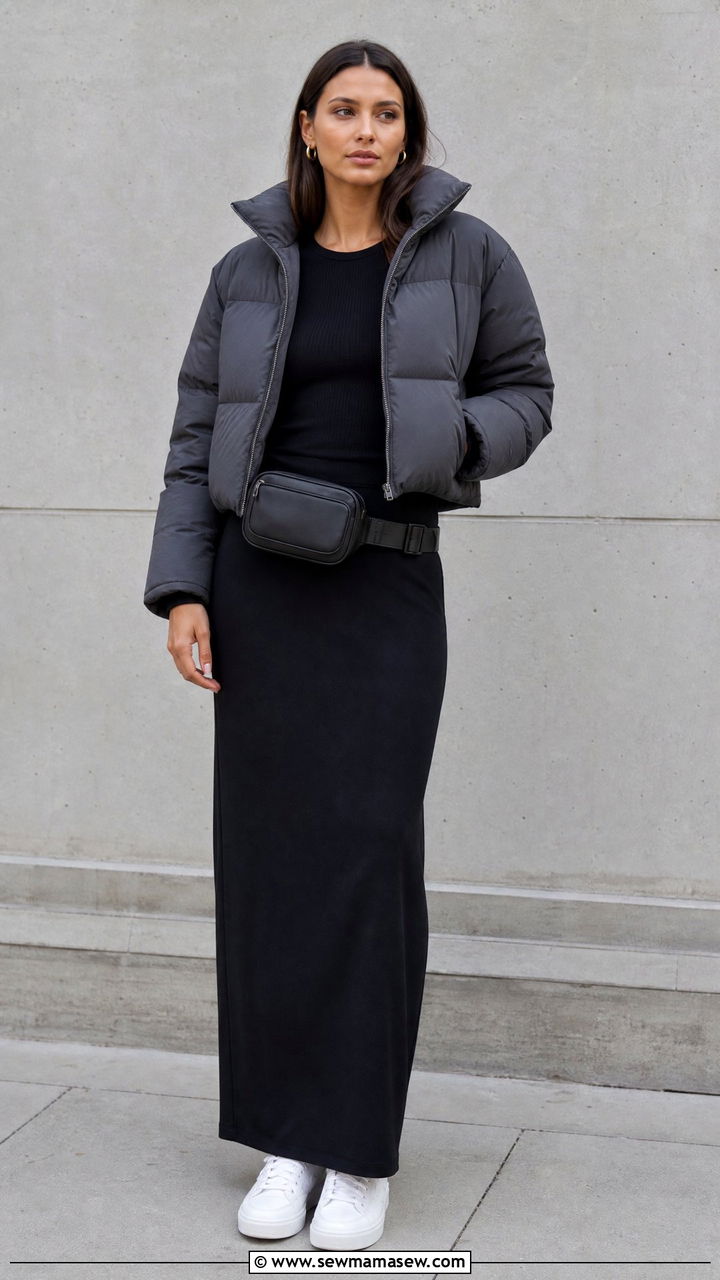 Cropped Puffer Coat With A Column Maxi Skirt And Sneakers - 30 Cropped puffer coat outfit ideas