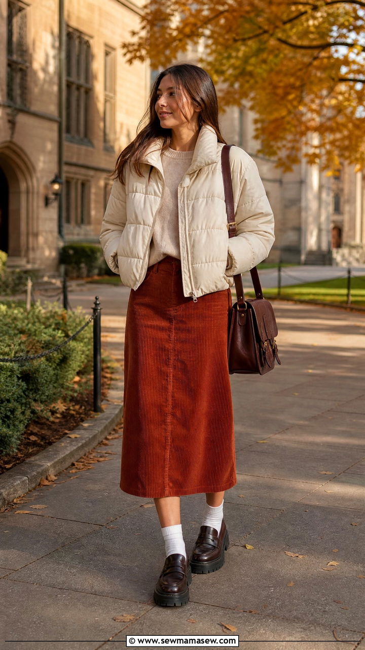 Cropped Puffer Coat With A Corduroy Midi Skirt And Chunky Loafers - 30 Cropped puffer coat outfit ideas