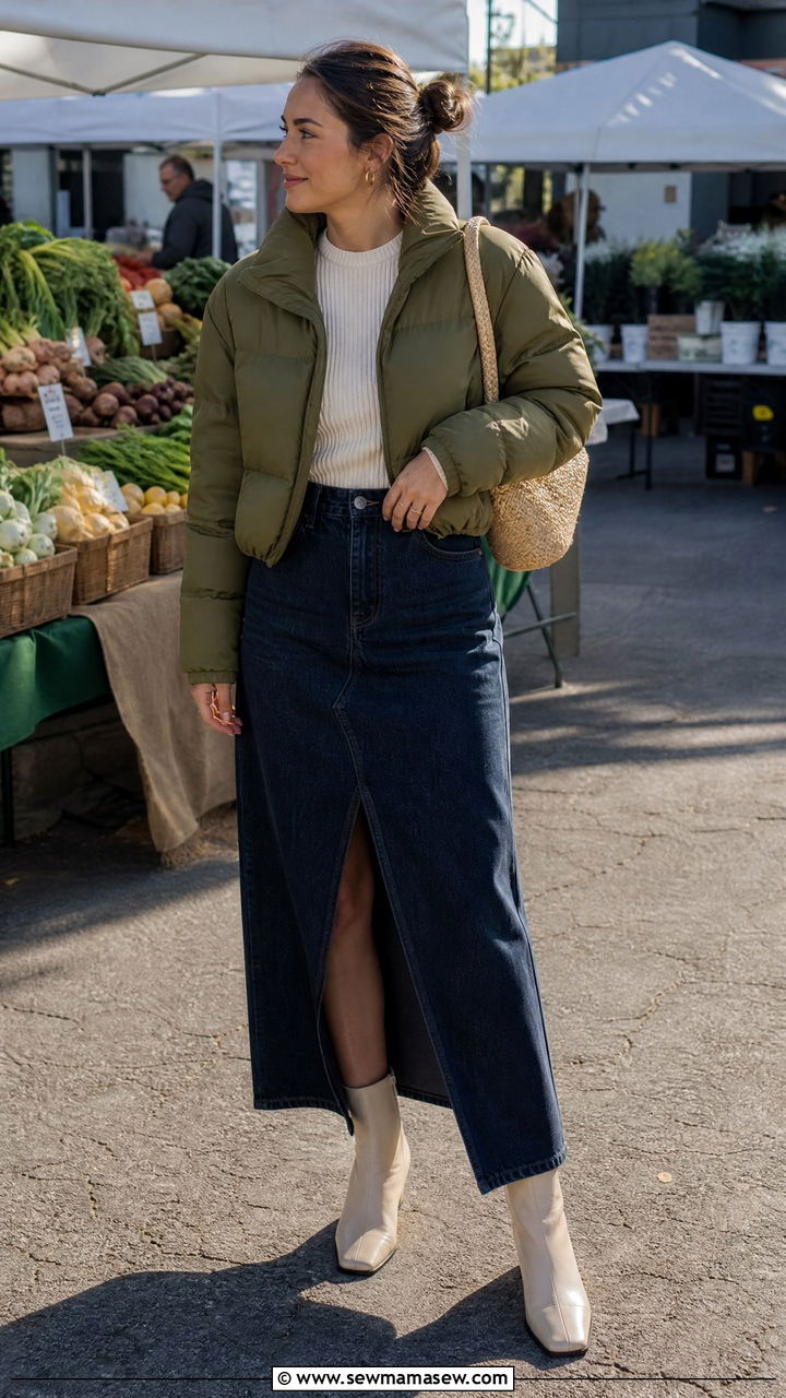 Cropped Puffer Coat With A Denim Maxi Skirt And Ankle Boots - 30 Cropped puffer coat outfit ideas