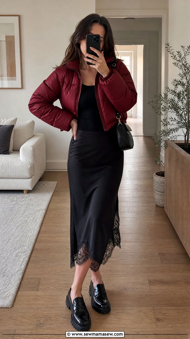 Cropped Puffer Coat With A Lace Slip Skirt And Chunky Loafers - 30 Cropped puffer coat outfit ideas