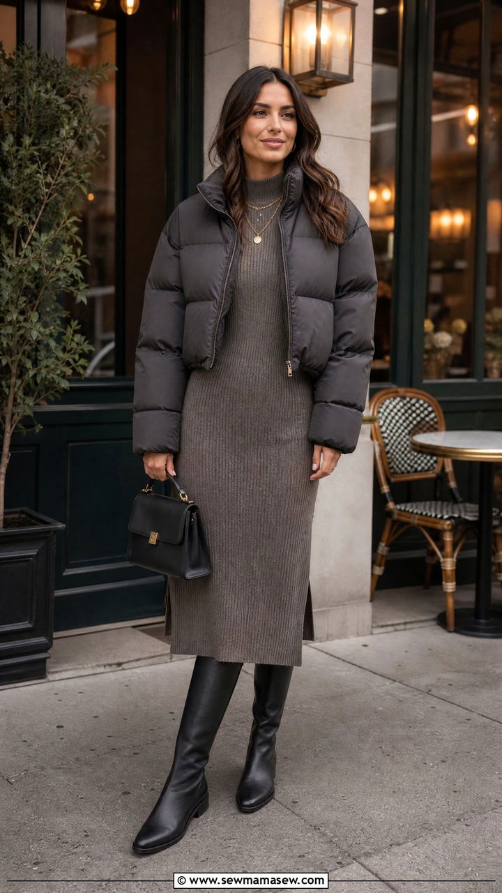 Cropped Puffer Coat With A Ribbed Sweater Dress And Knee High Boots - 30 Cropped puffer coat outfit ideas