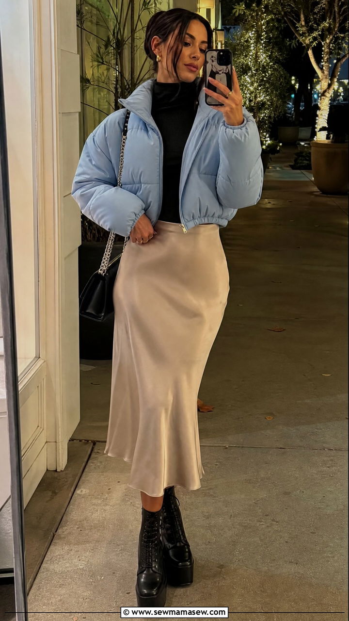 Cropped Puffer Coat With A Satin Midi Skirt And Platform Boots - 30 Cropped puffer coat outfit ideas