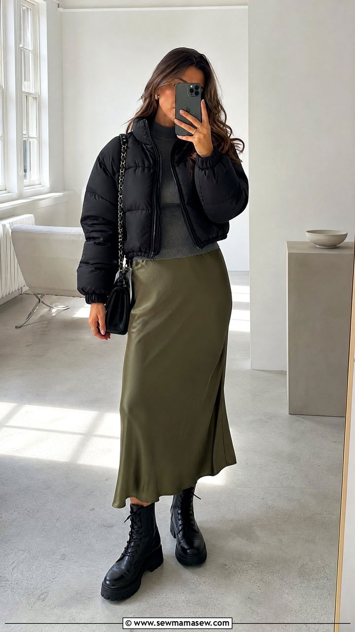 Cropped Puffer Coat With A Slip Skirt And Combat Boots - 30 Cropped puffer coat outfit ideas