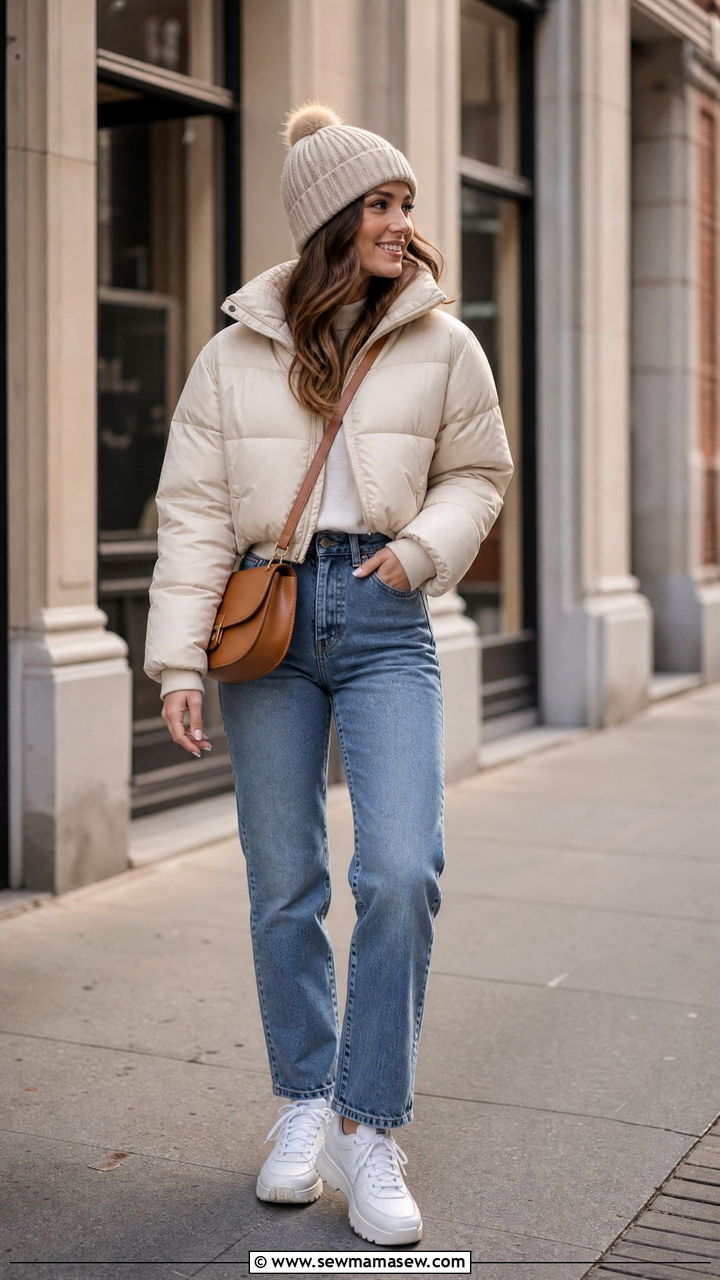 Cropped Puffer Coat With High Waisted Straight Leg Jeans - 30 Cropped puffer coat outfit ideas