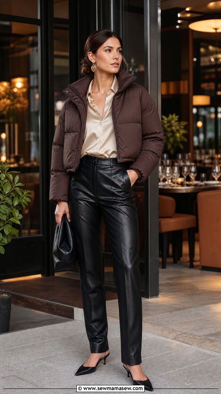 Cropped Puffer Coat With Leather Trousers And A Silk Blouse - 30 Cropped puffer coat outfit ideas
