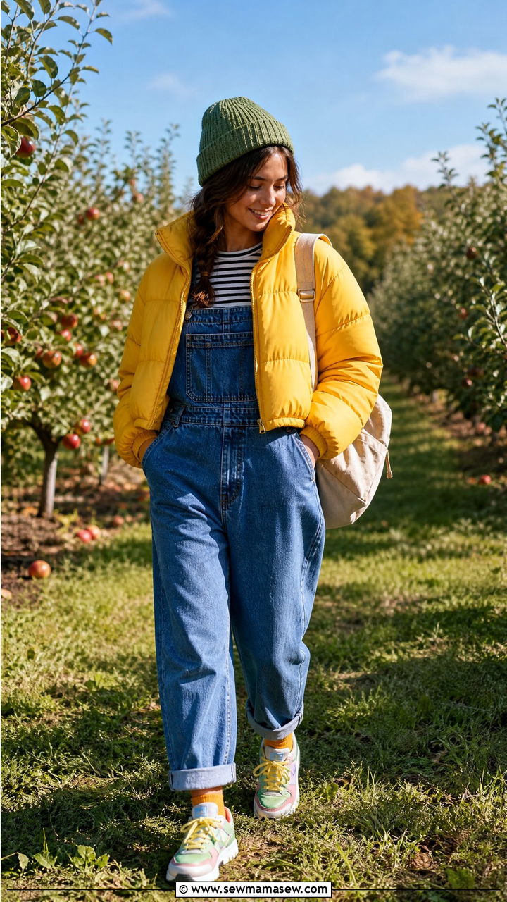 Cropped Puffer Coat With Overalls And A Striped Tee - 30 Cropped puffer coat outfit ideas