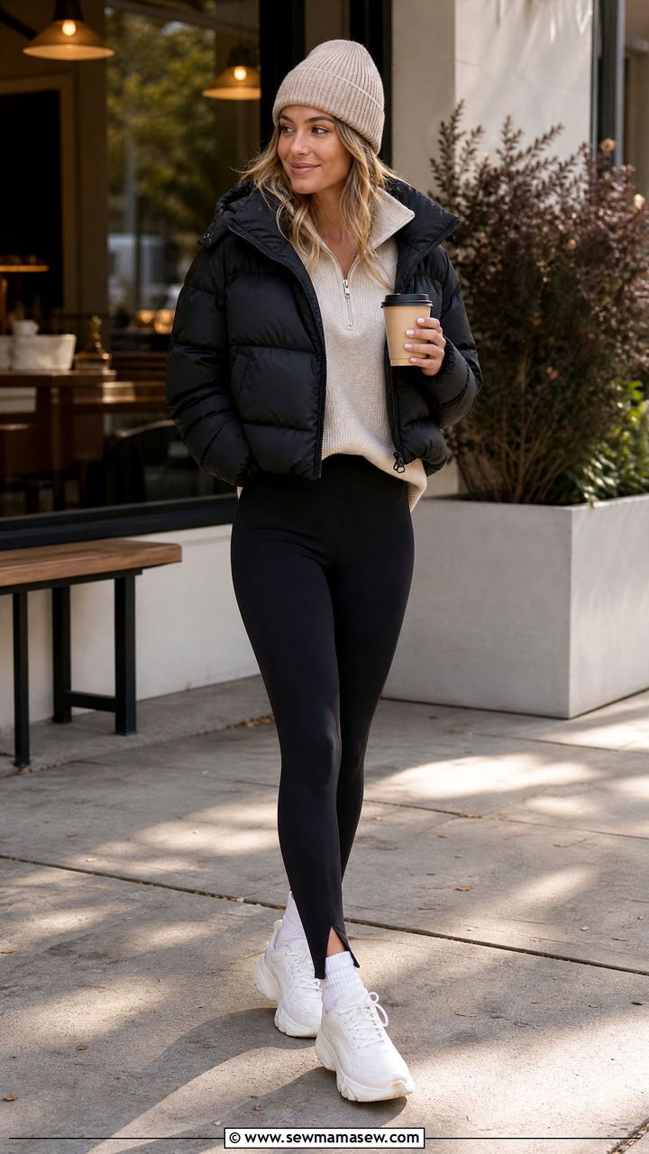 Cropped Puffer Coat With Split Hem Leggings And A Beanie - 30 Cropped puffer coat outfit ideas