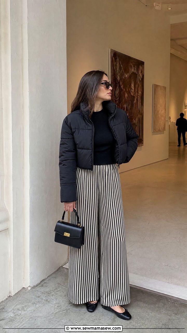 Cropped Puffer Coat With Striped Wide Leg Pants And Ballet Flats - 30 Cropped puffer coat outfit ideas