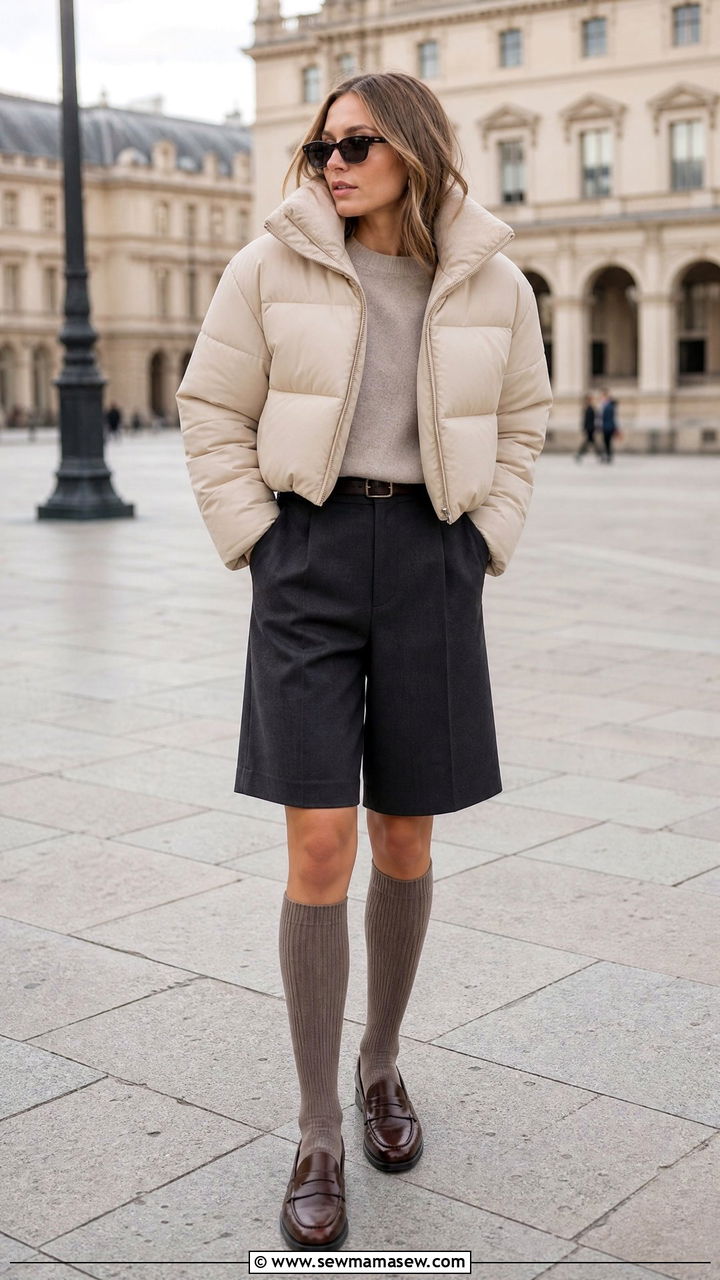 Cropped Puffer Coat With Tailored Bermuda Shorts And Knee High Socks - 30 Cropped puffer coat outfit ideas