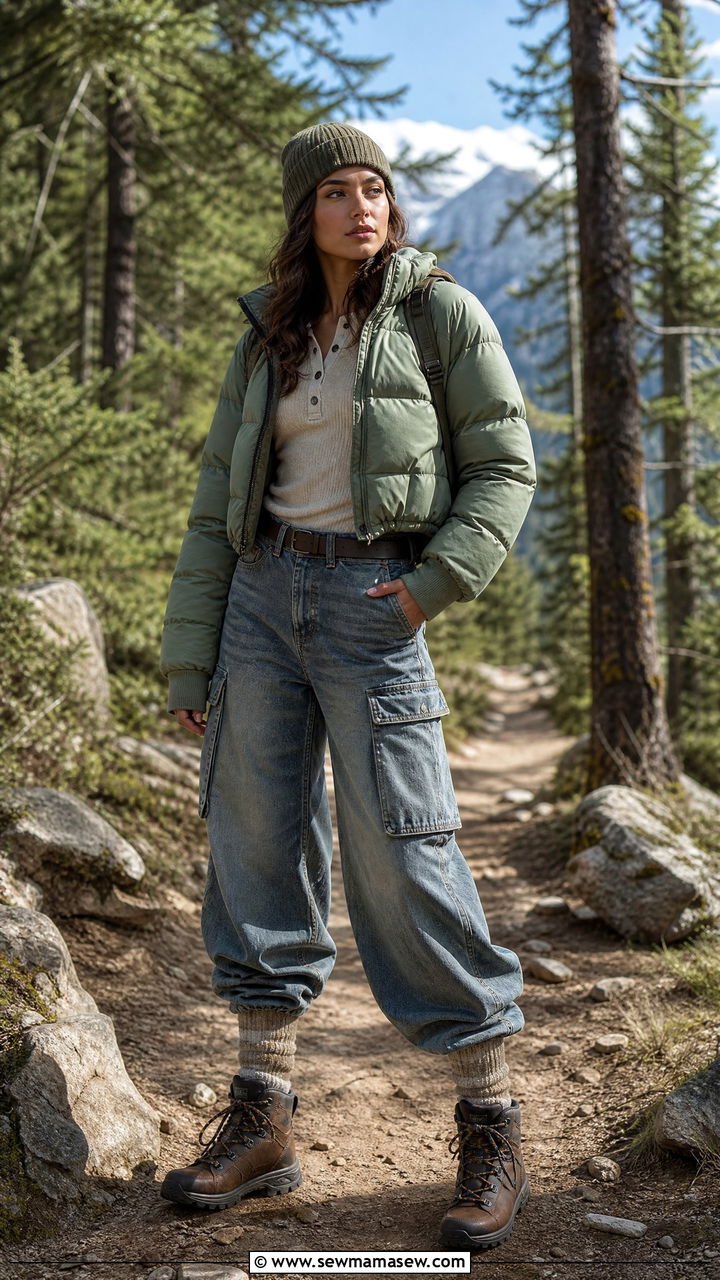 Cropped Puffer Coat With Utility Cargo Jeans And Hiking Boots - 30 Cropped puffer coat outfit ideas