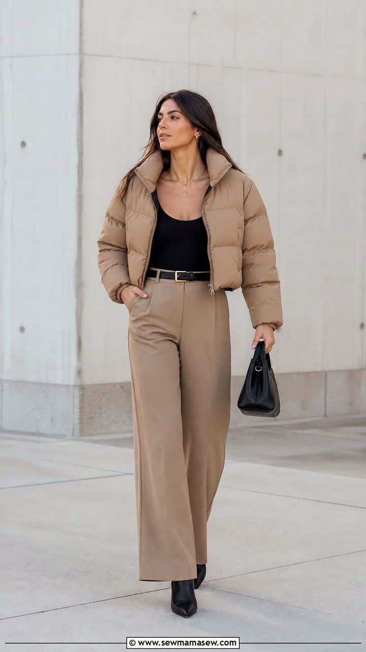 Cropped Puffer Coat With Wide Leg Trousers - 30 Cropped puffer coat outfit ideas