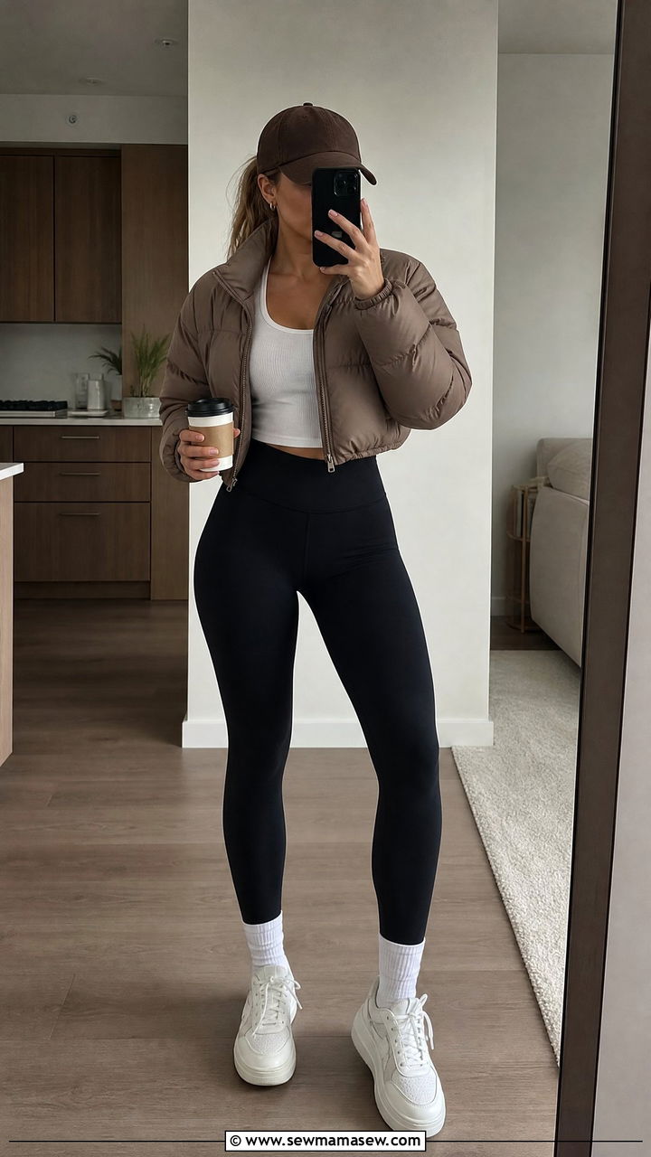 Cropped Puffer Jacket And High Waisted Leggings With Sneakers - 35 jacket outfits