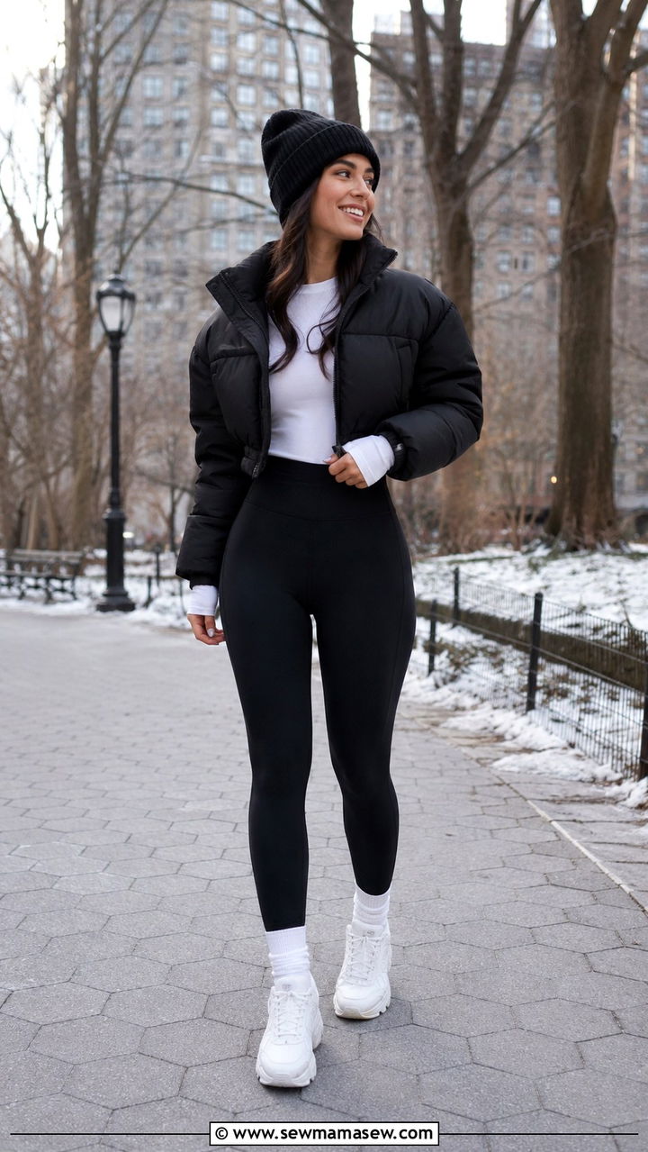 Cropped Puffer Jacket Over High Waisted Leggings and Chunky Sneakers - 20 Petite outfit ideas 5'4