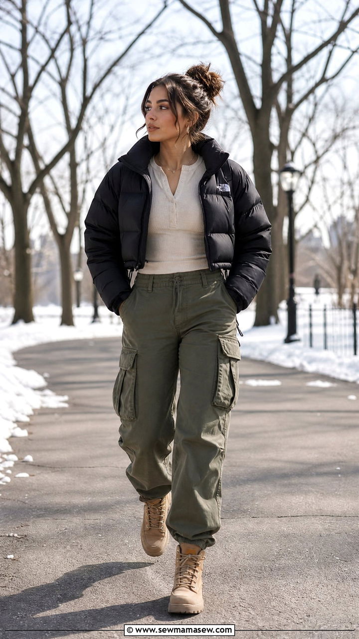 Cropped Puffer Jacket With High Waist Cargo Pants and Hiking Boots - 25 Chicago outfit ideas