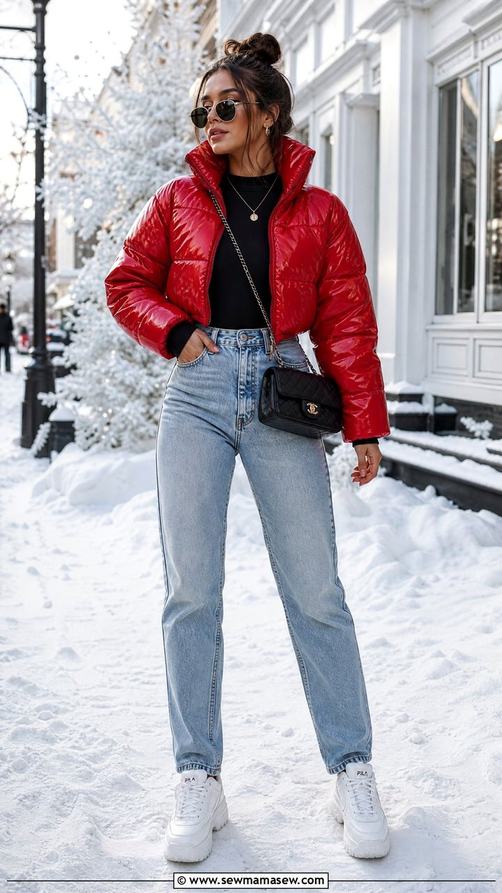Cropped Puffer Jacket With High Waist Jeans Outfit - 25 jacket outfits inspo