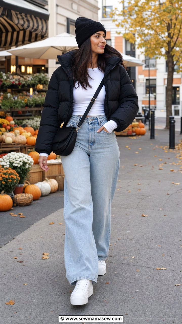 Cropped Puffer Jacket With High Waisted Jeans And Platform Sneakers - 25 classy streetwear outfits