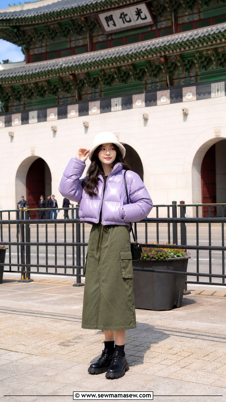 Cropped Puffer Jacket and Cargo Skirt Combo - 40 What to wear in Seoul
