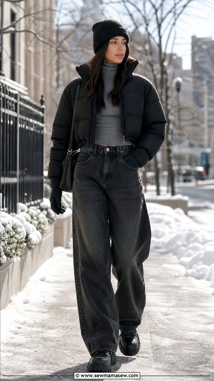 Cropped Puffer Jacket with Baggy Jeans - 30 streetwear outfits for women