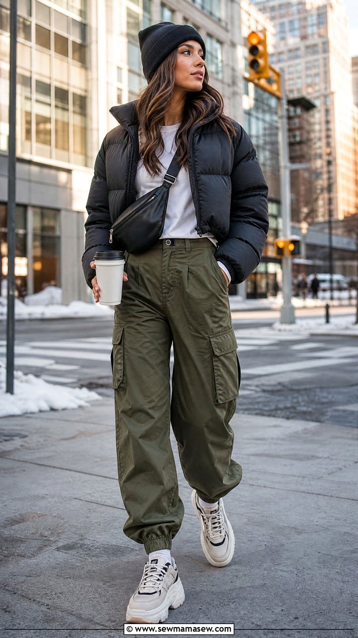 Cropped Puffer Jacket with Cargo Pants Outfit - 30 coffee run outfit ideas