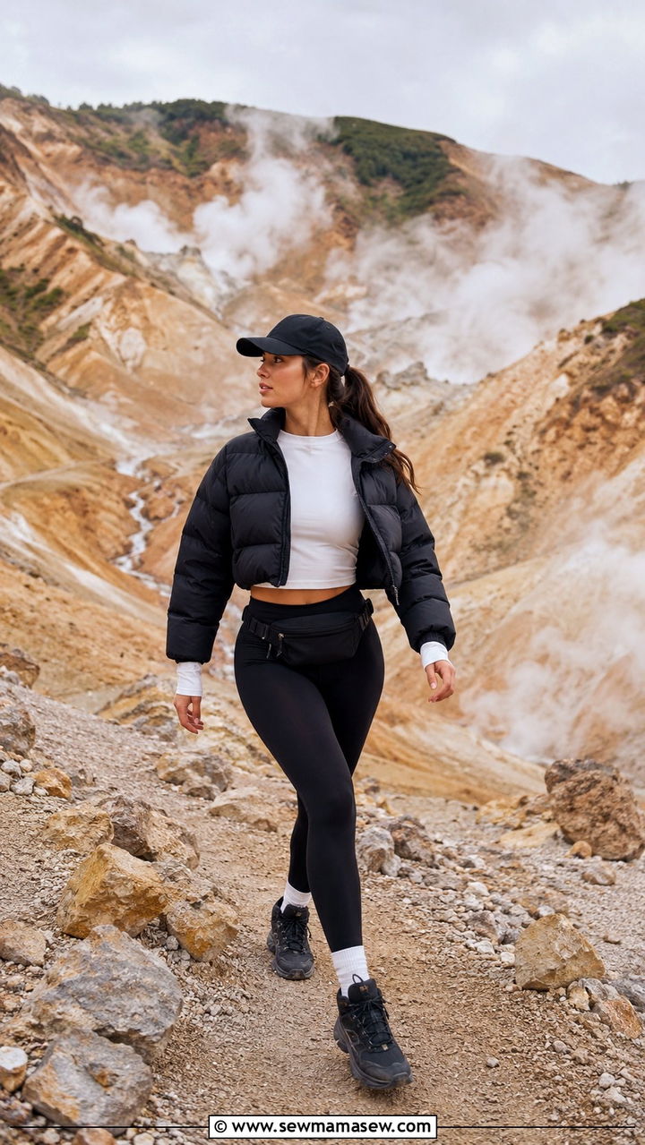 Cropped Puffer Jacket with High Waist Leggings and Trail Sneakers - 30 Iceland outfit ideas