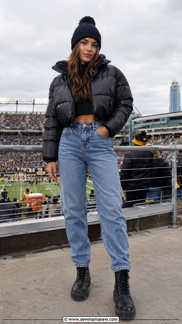Cropped Puffer Jacket with High Waisted Jeans and Combat Boots - 35 Football game outfit ideas for women