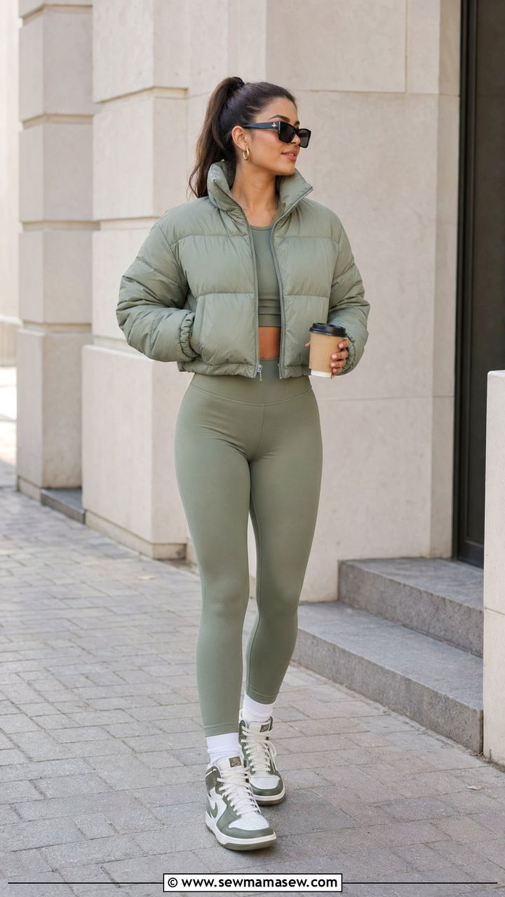 Cropped Puffer Jacket with Matching Leggings and High Top Sneakers - 35 athleisure outfits for women