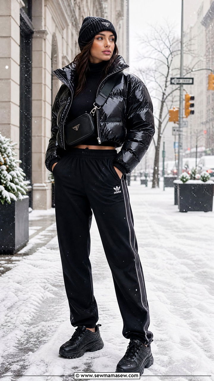 Cropped Puffer Jacket with Track Pants - 30 streetwear outfit ideas for women