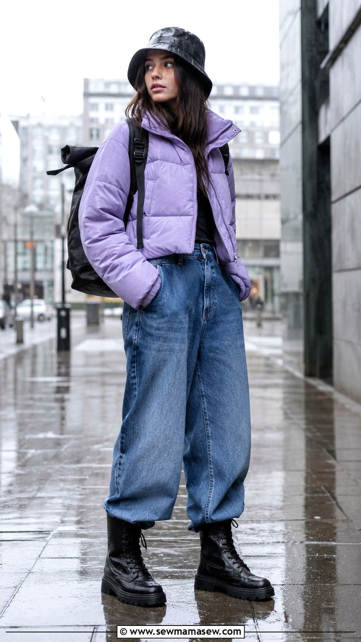 Cropped Puffer Jacket with Wide Leg Jeans - 25 rainy day outfits aesthetic