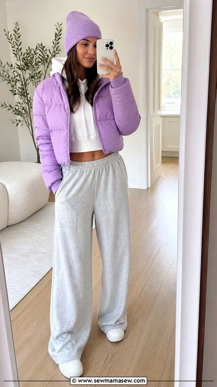 Cropped Puffer Jacket with Wide Leg Sweatpants - 40 Cozy spring outfits